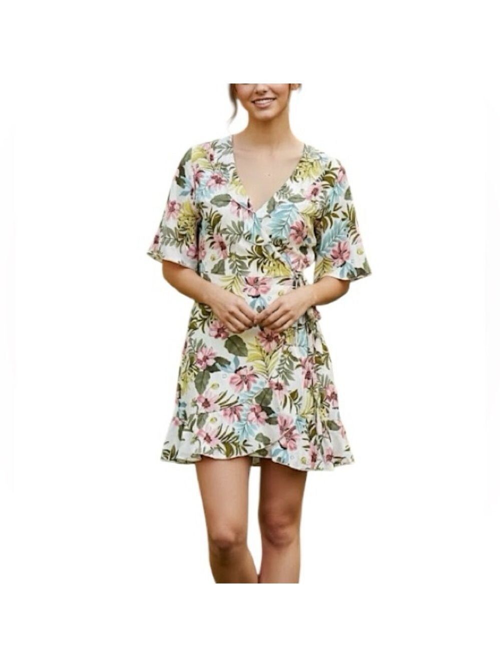 Rinascimento Italy tropical floral mini wrap dress M